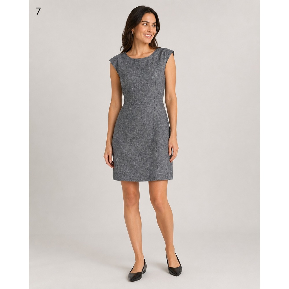 Saint Tropez West Career Dress Women 8 Gray 100% Linen Cap Sleeve Zip Back Lined